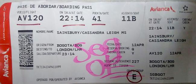 The airline ticket Cassie Sainsbury used to board her ill-fated flight to London.