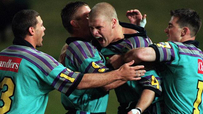 The Chargers celebrate a try during the Illawarra vs. Gold Coast Chargers at Parramatta Stadium, September 5, 1997.