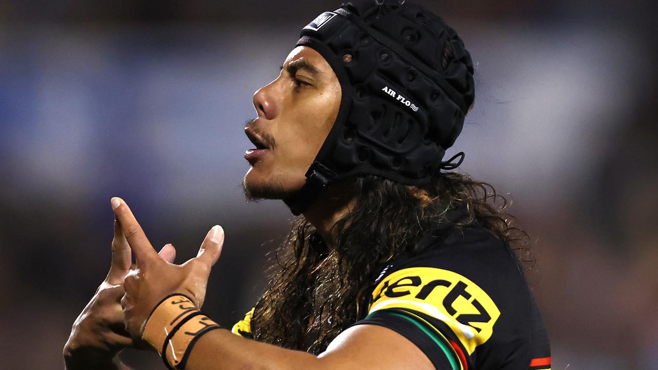 PENRITH, AUSTRALIA - JULY 29: Jarome Luai of the Panthers celebrates scoring a try during the round 22 NRL match between Penrith Panthers and Cronulla Sharks at BlueBet Stadium on July 29, 2023 in Penrith, Australia. (Photo by Jeremy Ng/Getty Images)