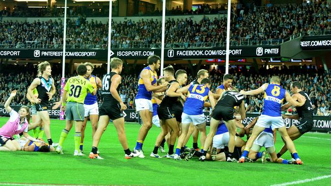 West Coast players remonstrate after Tom Jonas flattened Andrew Gaff. Picture: Mark Brake