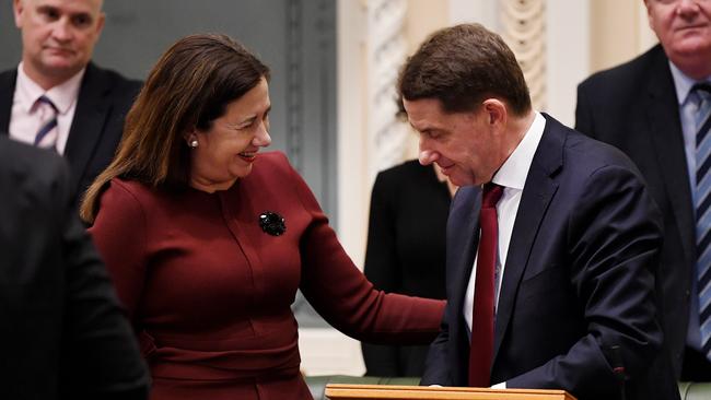 Premier Annastacia Palaszczuk congratulates Cameron Dick on delivering the budget. Picture: NCA NewsWire / Dan Peled