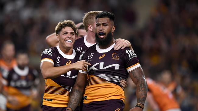 NRL 2023 RD05 Brisbane Broncos v Wests Tigers - Payne Haas, Try Celebration. Picture: NRL Photos