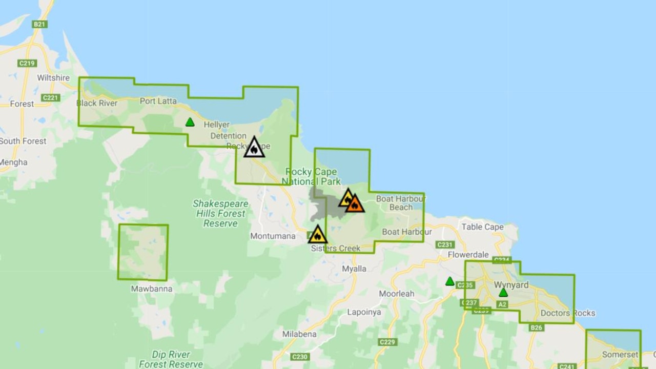 TFS maps show the extent of the fire in Tasmania's North West. Picture: TFS