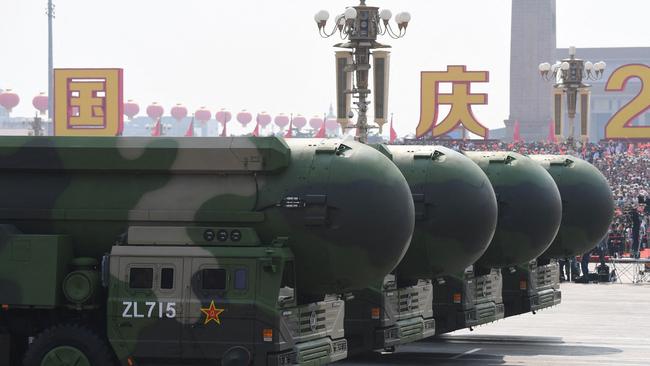 China's DF-41 nuclear-capable intercontinental ballistic missiles parade on Beijing’s Tiananmen Square. Picture: AFP