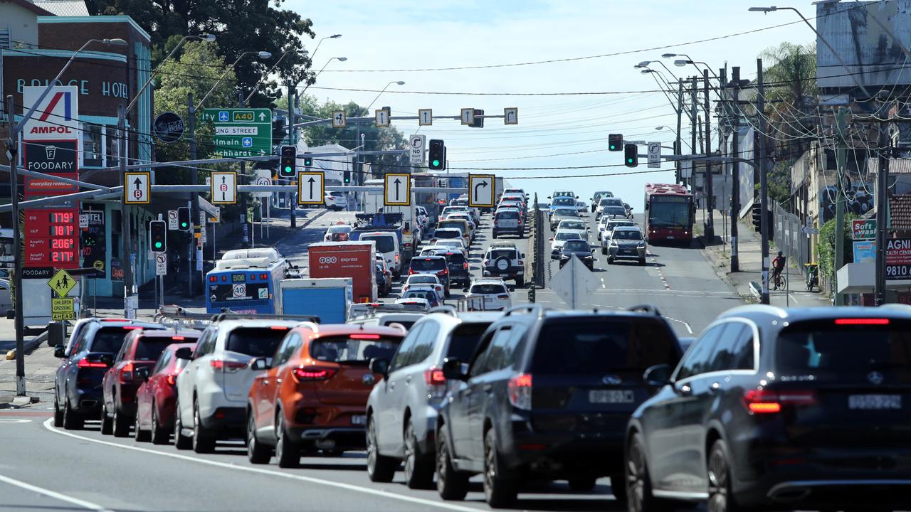 Pictured on November 30, the commuter traffic coming off the Iron Cove Bridge on Victoria Road at Rozelle, heading in to the city. Picture: Richard Dobson