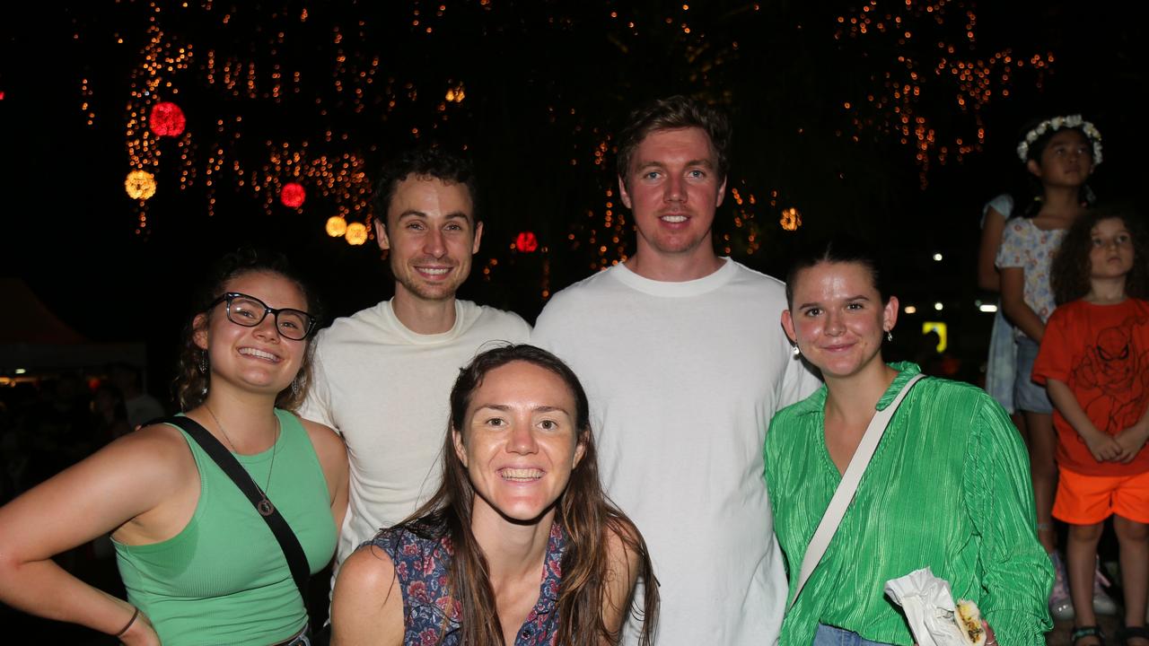 Lizzie Hay, Kate Douglass, Josh Warren, Andrew Coombe and Emma Connell celebrate the last night of Chinese New Year festivities in Cairns. Picture: Kate Stephenson