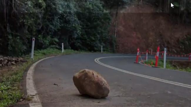 One of the 112 slips along the Springbrook-Gold Coast Road via Mudgeeraba which has kept it closed to traffic since Cyclone Debbie flooding three months ago.