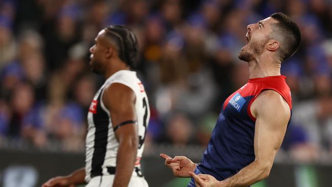 MELBOURNE – June 12: AFL. Alex Neal-Bullen of the Demons celebrates a 4th quarter goal during the round 13 AFL match between Melbourne and Collingwood at the MCG on June 12, 2023, in Melbourne, Australia. Photo by Michael Klein.