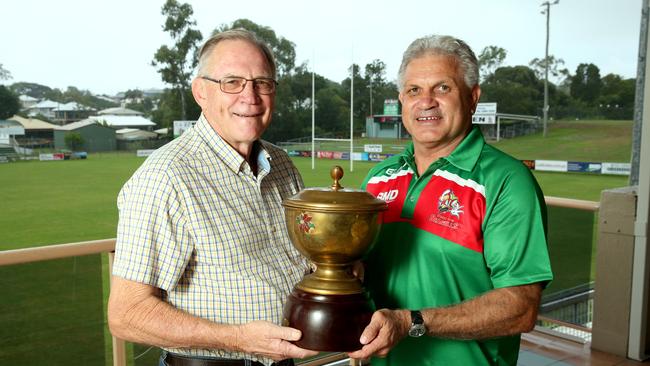 Des Morris and Colin Scott with the Wynnum Manly Seagulls 1982 premiership cup. Picture: Richard Walker