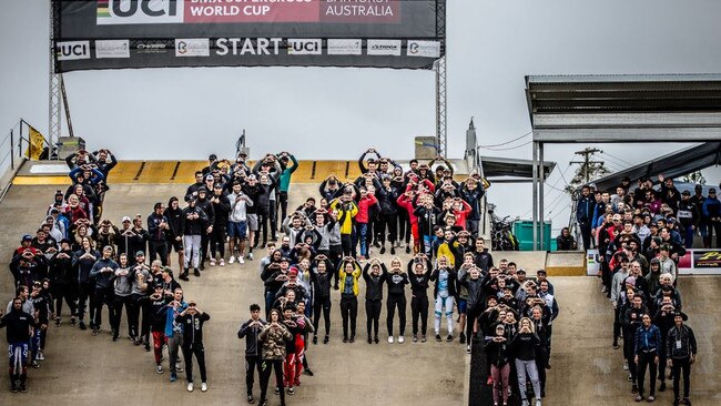 Competitors show their support for Sakakibara during the World Cup event held in Bathurst.