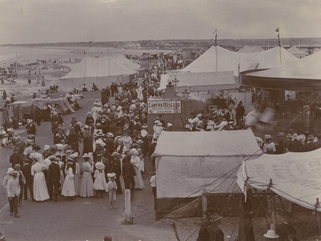 View of a photography fair in progress at a beach in the 1800s. Photo: State Library of South Australia