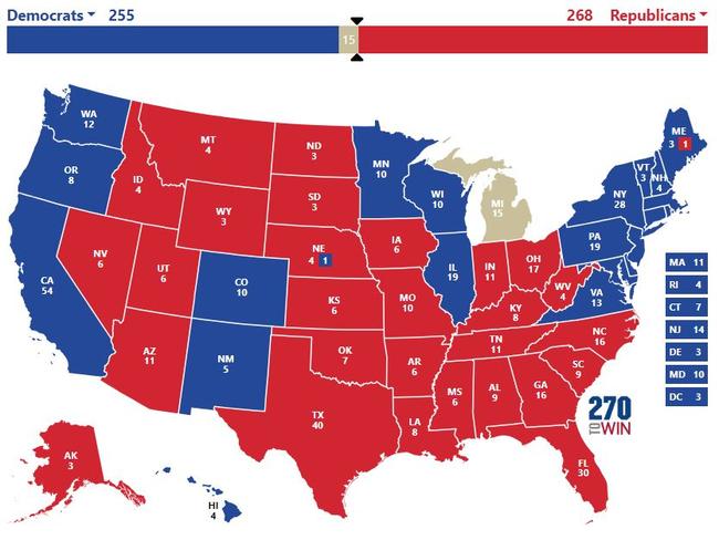 A plausible electoral map, which would see the result in Michigan decide the presidency. Picture: 270toWin