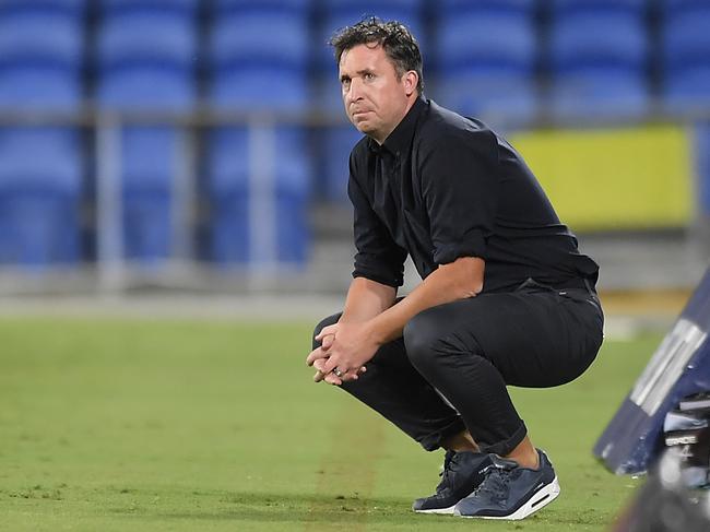 GOLD COAST, AUSTRALIA - MARCH 20: Brisbane Roar coach Robbie Fowler watches on during the round 27 A-League match between the Brisbane Roar and the Newcastle Jets at Cbus Super Stadium on March 20, 2020 in Gold Coast, Australia. (Photo by Albert Perez/Getty Images)
