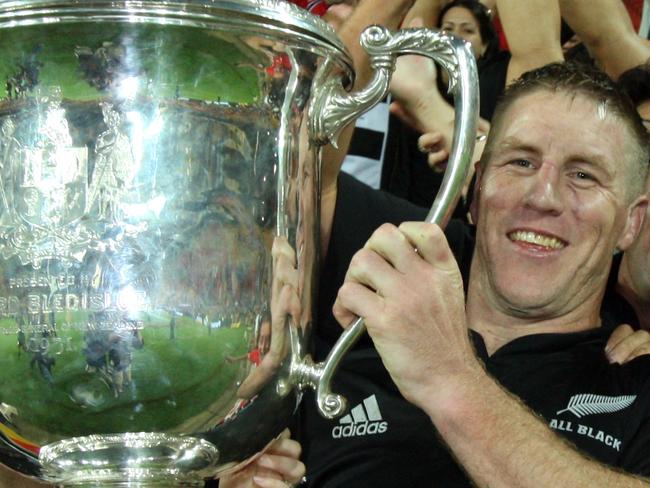 Brad Thorn of the All Blacks celebrates winning the Bledisloe Cup Rugby Union match played between Australia and the All Blacks played at Suncorp Stadium in Brisbane.