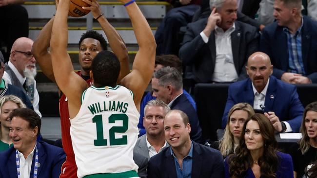 Kyle Lowry #7 of the Miami Heat tries to inbound the ball over Grant Williams #12 of the Boston Celtics in the second half as Prince William, Prince of Wales and Catherine, Princess of Wales look on. Picture: Getty Images via AFP