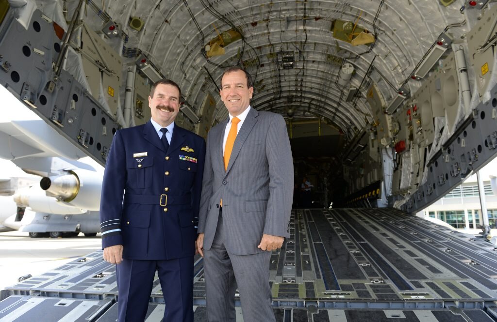 Chief of Air Force Leo Davies shows Ficher MP Mal Brough in the latest and last C-17 aircraft to join the current fleet at RAAF Base Amberley on Wednesday. Photo: Rob Williams / The Queensland Times. Picture: Rob Williams