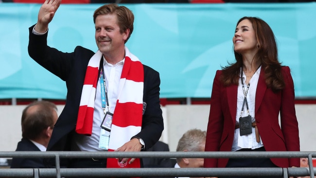 Australian-born Princess Mary of Denmark talks to Jakob Jensen, CEO of Danish Football Association, ahead of Wednesday's semi-final at Wembley Stadium. Photo: Alex Morton - UEFA/UEFA via Getty Images