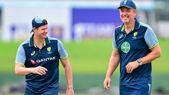 Steve Smith (left) and coach Andrew McDonald, who has a big call to make on the batting order. Picture: Ishara S. Kodikara / AFP
