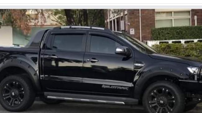 Queensland man Matt Ford had his Black Ford Ranger stolen. It was found a bit "bashed up" in Loganlea. His friend David's white Commodore ute was also stolen and has not been recovered. Picture: Facebook