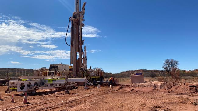 More than $34m will be invested to improve water security in 10 remote Indigenous communities across the NT as part of the Better Bores for Communities program. Pictured is a bore drilling rig and set-up used for water source exploration in Yuendumu, a separate project. This setup is indicative of the equipment and techniques that will be used in the Better Bores for Communities program. Picture: Supplied.