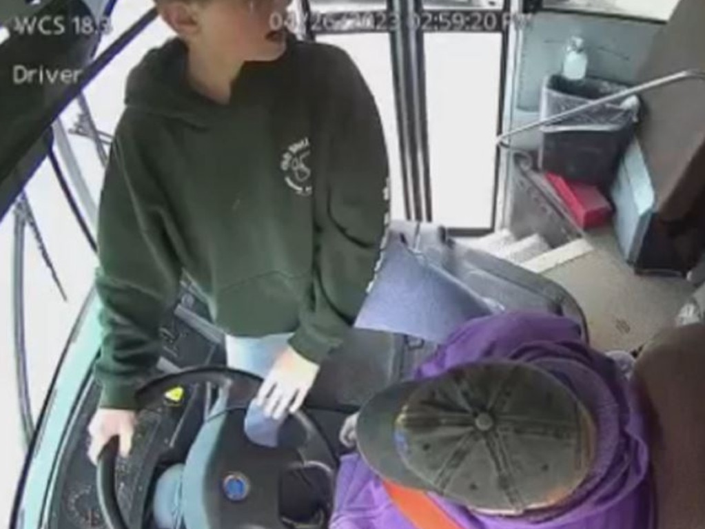 Dillon Reeves is seen grabbing the steering wheel of the bus on Wednesday, April 26, in Warren, Michigan. Picture: WJBK