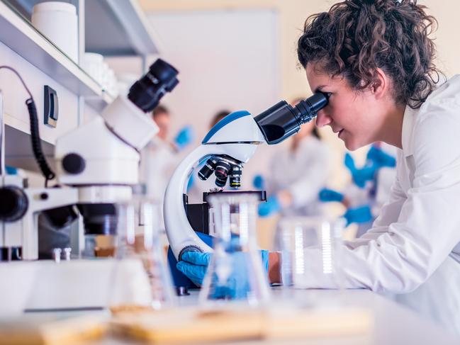 Scientist in lab doing research and using lab machines, test tubes, microscope and every laboratory equipment