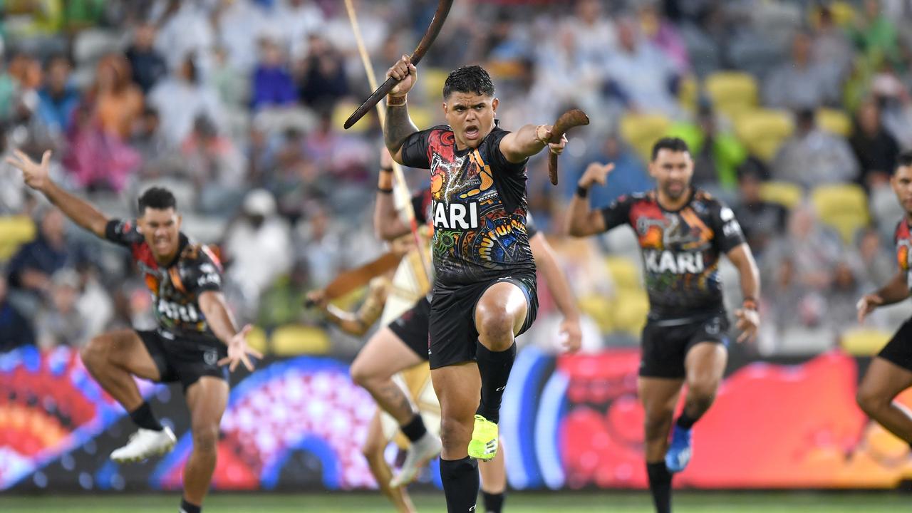 Latrell Mitchell leads the indigenous All Stars against the New Zealand Maori All Stars earlier this year. Picture: Scott Davis/NRL Photos