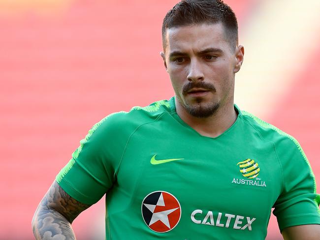 Jamie MacLaren looks on during an Australian Socceroos training session at Suncorp Stadium in Brisbane, Friday, November 16, 2018. Australia will play against South Korea in a friendly on Saturday. (AAP Image/Albert Perez) NO ARCHIVING