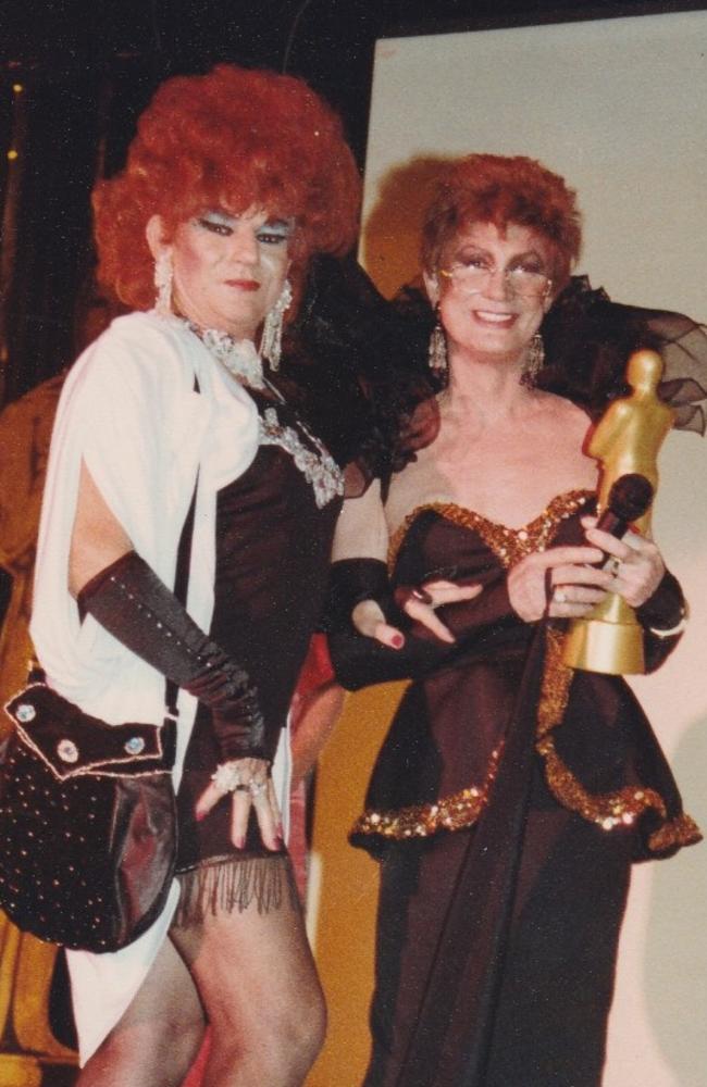 Laurie Deane as their drag persona, Dame Sybil von Thorndyke (right) with drag performer Gypsy (left). Picture: Facebook / Queen's Birthday Ball history project