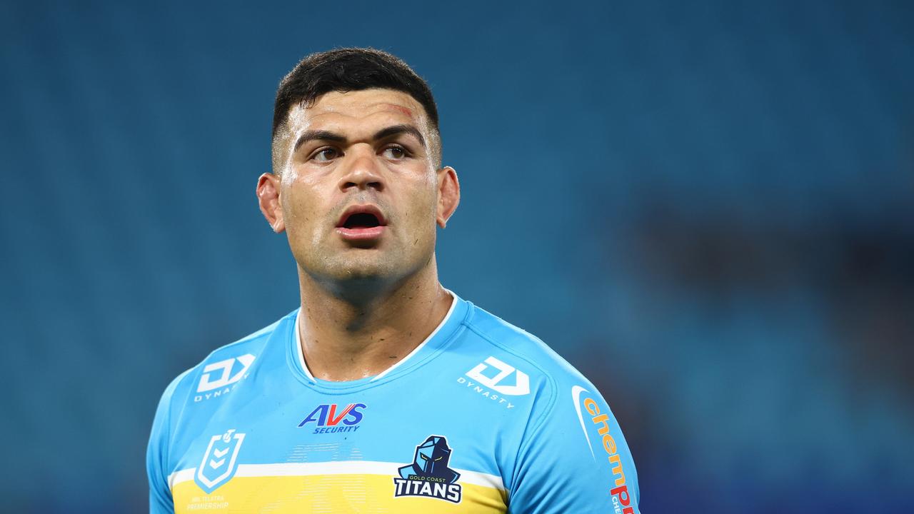 GOLD COAST, AUSTRALIA - MARCH 30: David Fifita of the Titans looks on during the round four NRL match between Gold Coast Titans and Dolphins at Cbus Super Stadium, on March 30, 2024, in Gold Coast, Australia. (Photo by Chris Hyde/Getty Images)