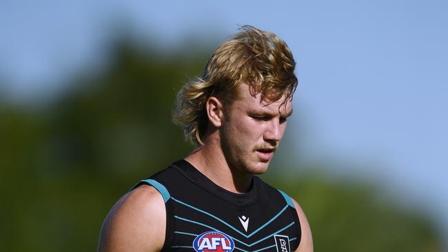 ADELAIDE, AUSTRALIA - FEBRUARY 17:Jason Horne-Francis of Port Adelaide during the Port Adelaide Power AFL Intra Club at Alberton Oval on February 17, 2023 in Adelaide, Australia. (Photo by Mark Brake/Getty Images)