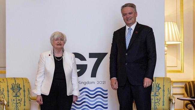 Former Australian finance minister Mathias Cormann, now secretary-general of the Organisation for Economic Co-operation and Development, with Janet Yellen during a bilateral meeting on the sidelines of the G7 finance ministers meeting at Lancaster House in London. Picture: AFP