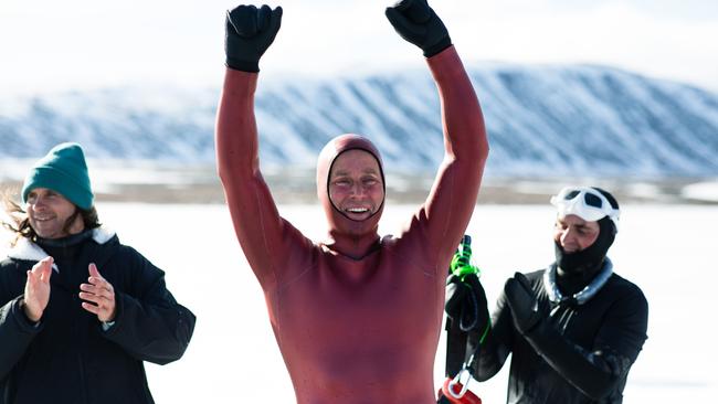 Ant Williams breaks the world record for the longest dive under ice using a single breath. Photo Lead: Michael Allin.