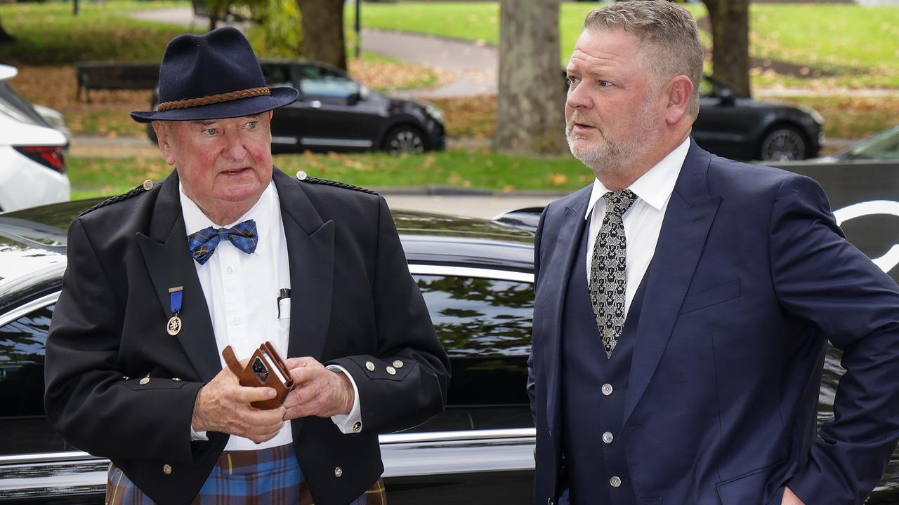 Lindsay Fox and his son David arrive for the trucking magnate’s 86th birthday bash at the National Gallery of Victoria. Picture: Ian Currie