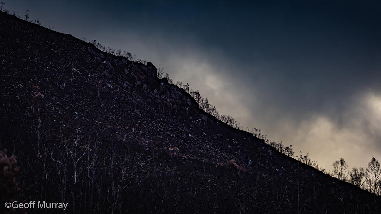 Burnt ridgeline from the Gordon River Road fire. Images taken after the recent bushfires in southern Tasmania. Picture: GEOFF MURRAY ***SUPPLIED WITH PERMISSION FROM PHOTOGRAPHER FOR ONE TIME USE PRINT AND ONLINE***