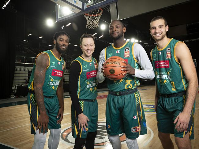 JackJumpers imports Rashard Kelly, Josh Magette, and Milton Doyle alongside Jack McVeigh at MyState Bank Arena. Picture: Chris Kidd