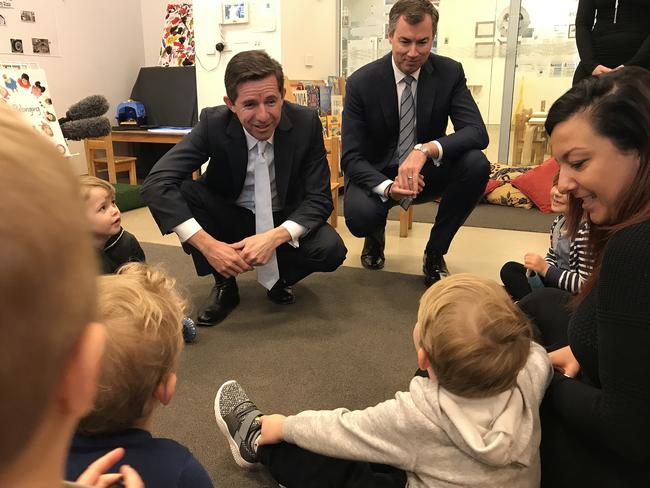 Education Minister  Simon Birmingham  and Minister for Human Services Michael Keenan visit the Acacia Children's Centre in Canberra.