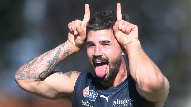 South Adelaide’s Eamon Wilkinson celebrates a goal against North Adelaide on Saturday. Picture: Dean Martin