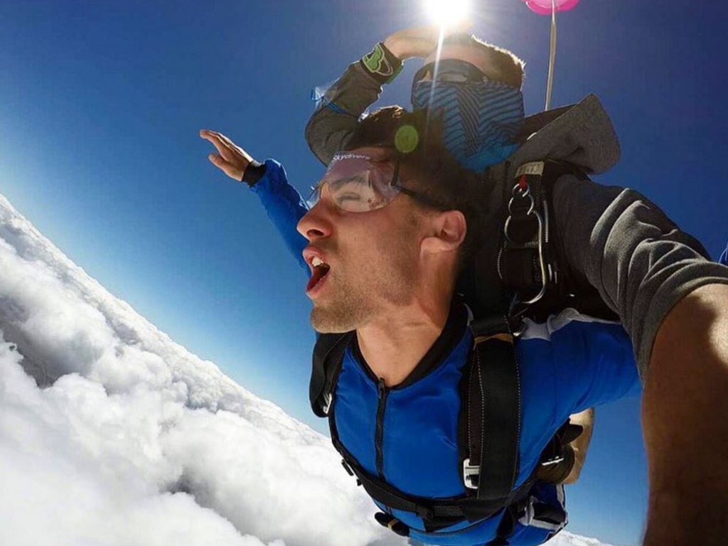 Matty Johnson in Sydney ... “Went skydiving this weekend and was just a litttttle bit excited on this jump. Can’t wait till I do my course and I can start doing this solo.” Picture: @matthewdavidjohnson/Instagram