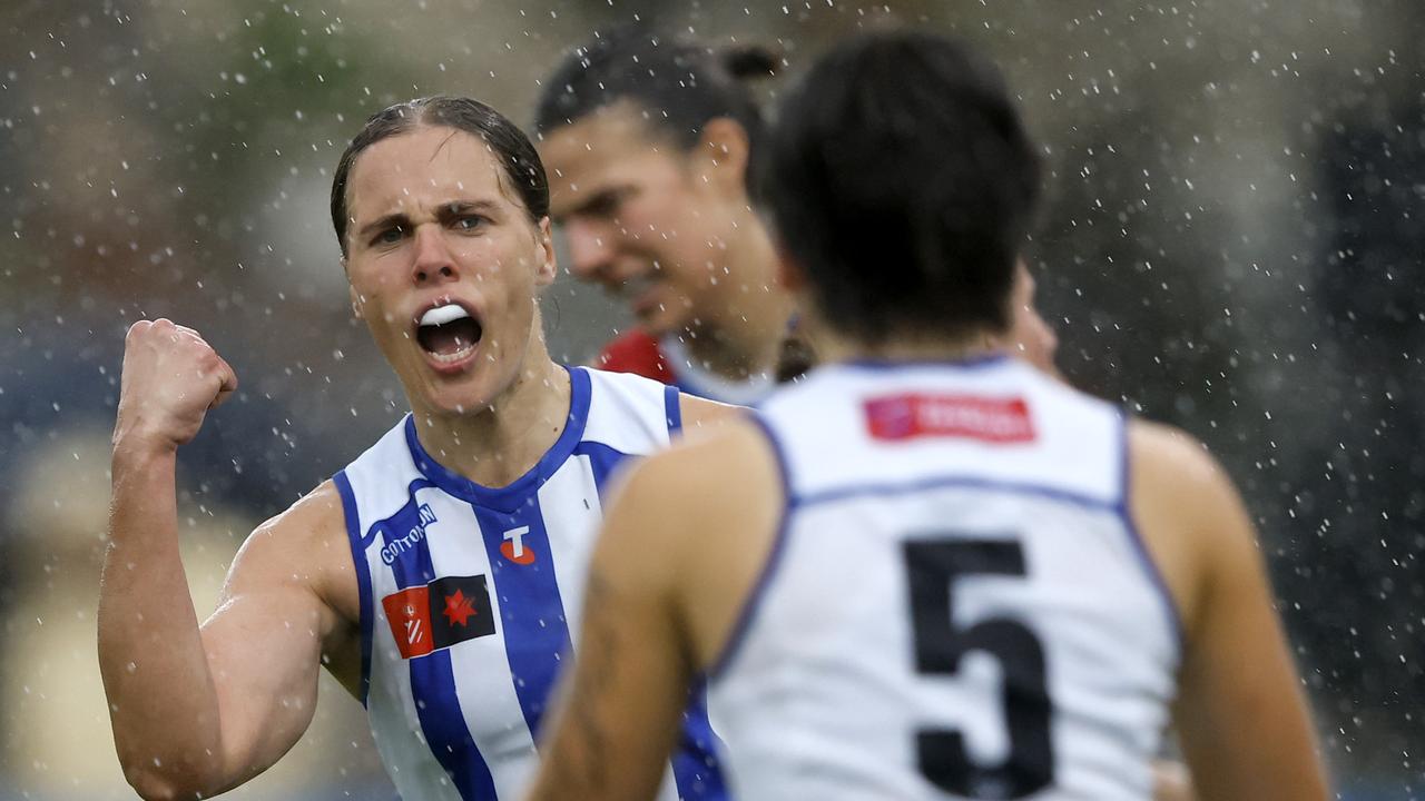 MELBOURNE, AUSTRALIA - OCTOBER 05: Jasmine Garner of the Kangaroos celebrates a goal during the round six AFLW match between North Melbourne Kangaroos and Western Bulldogs at Arden Street Ground, on October 05, 2024, in Melbourne, Australia. (Photo by Darrian Traynor/AFL Photos/via Getty Images)