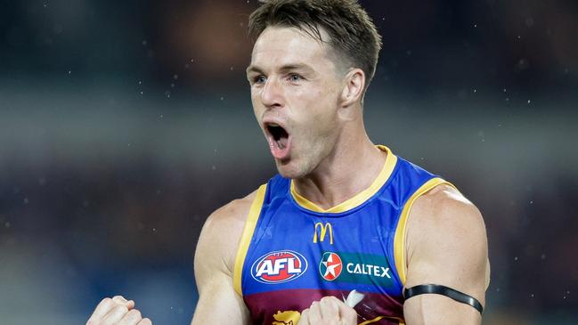 BRISBANE, AUSTRALIA - APRIL 20: Lincoln McCarthy of the Lions celebrates a goal during the 2024 AFL Round 06 match between the Brisbane Lions and the Geelong Cats at The Gabba on April 20, 2024 in BRISBANE, Australia. (Photo by Russell Freeman/AFL Photos via Getty Images)