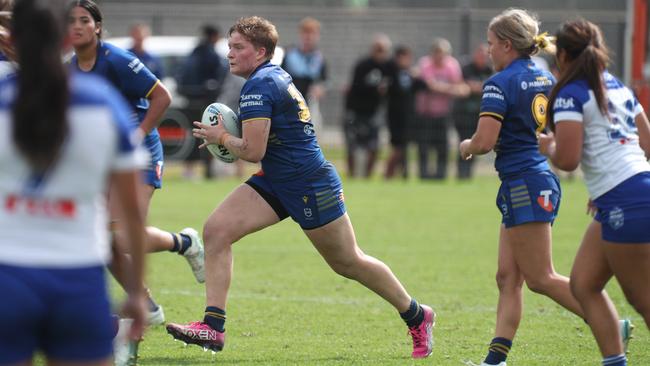 Tess McWilliams takes Parramatta forward in the Tarsha Gale Cup prelim against Canterbury. Picture Warren Gannon Photography