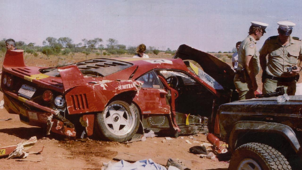 A Ferrari F40 spun out of control and into a four-wheel-drive vehicle at a race checkpoint in the 1994 Cannonball Run. Driver Akihiro Kabe, co-driver Takeshi Okano and Darwin control officials Tim Linklater and Keith Pritchard were killed. Picture: Derek Moore