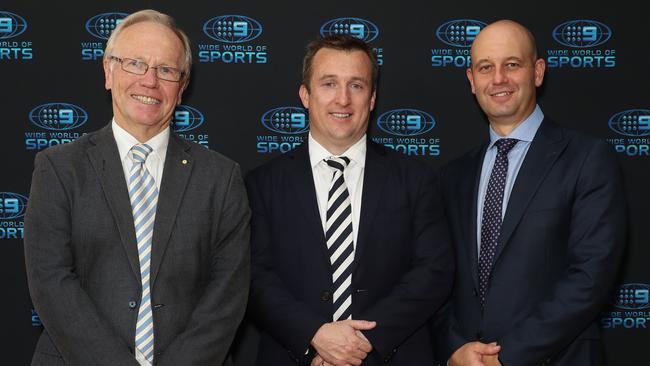 Nine boss Tom Malone with Peter Beattie and Todd Greenberg.