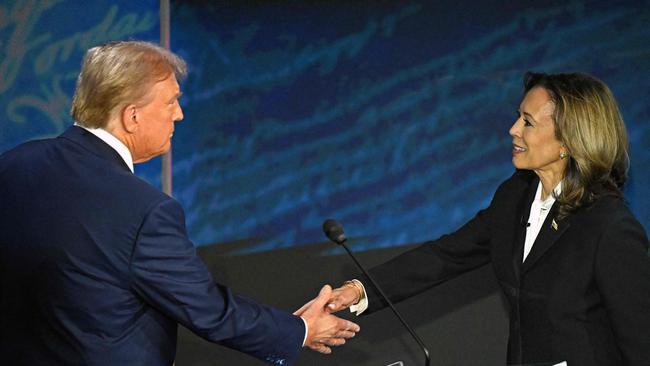 Former US president and Republican presidential candidate Donald Trump and US Vice-President and Democratic presidential candidate Kamala Harris shake hands during the September 10 presidential debate in Philadelphia, Pennsylvania. Picture: AFP