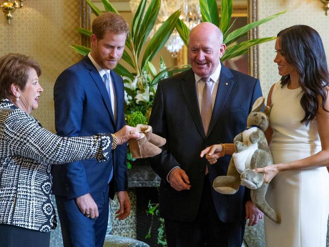 Governor-General Sir Peter Cosgrove and Lady Cosgrove at Admiralty House in Sydney meeting Prince Harry and Meghan. Picture: Steve Christo/AFP