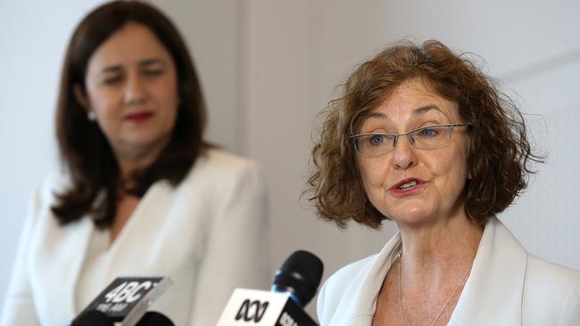 Newly appointed chairwoman of an Anti-Bullying Task Force Madonna King speaks as Queensland Premier Annastacia Palaszczuk looks on during a press conference in Brisbane. Picture: AAP Image/Jono Searle