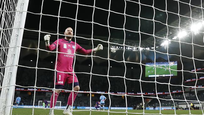 Andrew Redmayne celebrating Sydney FC’s victory during the A-League semi against Perth Glory.