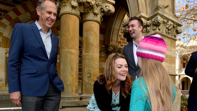 Former Greens leader Bob Brown with Senators Robert Simms and Sarah Hanson-Young and Ruby Harris, 8, in Adelaide. Picture: Sam Wundke