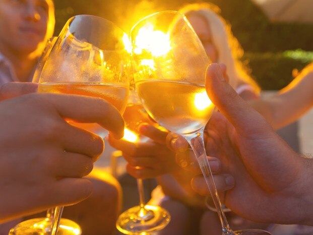 Group of young people toasting with wine glasses. Focus is on the wine glasses. Sunset light and a happy atmosphere with a pool umbrella in the background. Could be any kind of celebration including wedding, party, spring beak pool party etc.